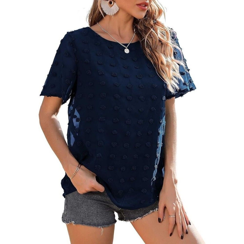 Swiss Dot Round Neck Blue Colored Women's Top Size 2XL